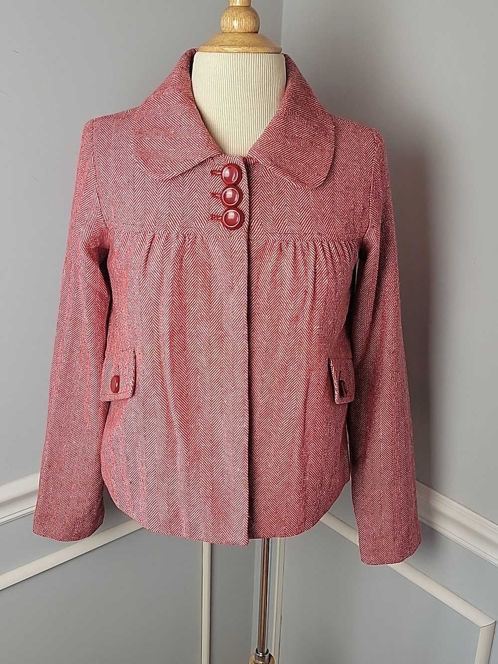 TULLE | ANTHRO Red White Wool Blend Herringbone 3 Button Retro Swing Coat M